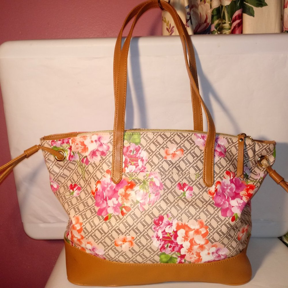 PINK FLORAL TRIMMED IN BROWN COLORFUL LARGE HANDBAG OR TOTE WITH DRAWSTRINGS